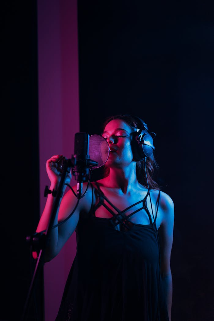 Photo of a Woman Singing in a Recording Studio with Her Eyes Closed